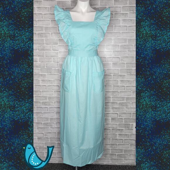 Handmade Vintage Blue Swiss Dot Pinafore Maxi Dress - Picture 2 of 4